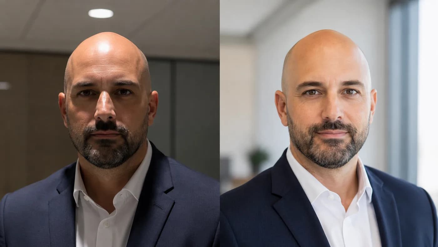 Bald professional under harsh overhead light compared with soft window light