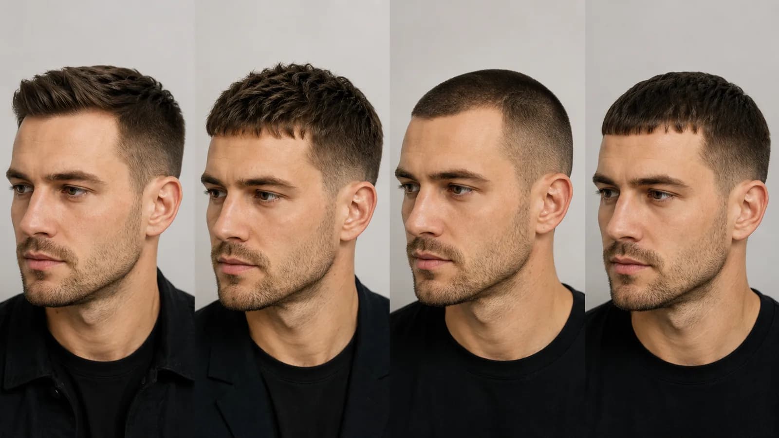 Norwood 2-friendly haircut comparison showing a crew cut, textured crop, buzz cut, and Caesar cut