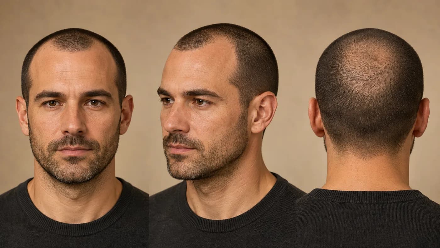 Norwood 5 hair-loss pattern shown with a uniform #1 buzz cut from front, three-quarter, and crown angles