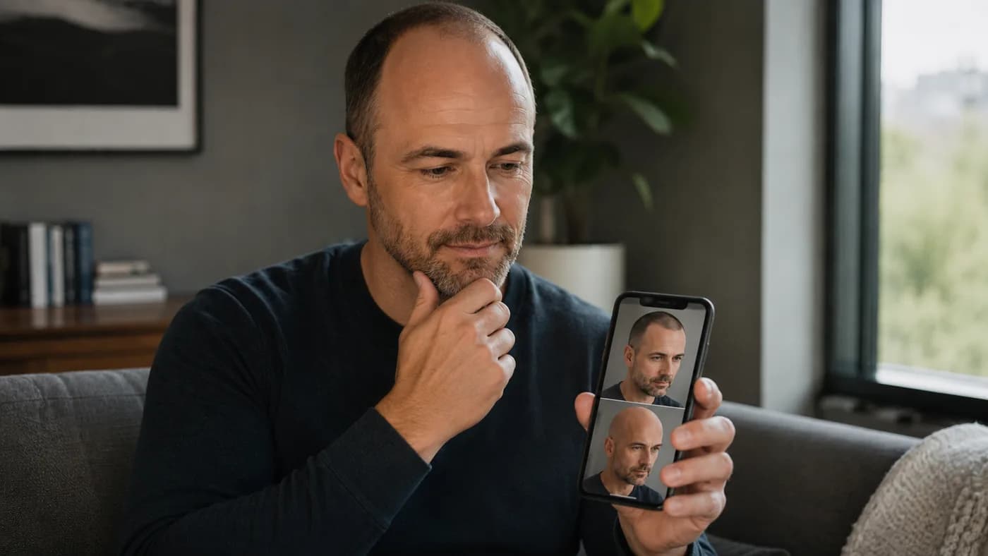 Man comparing close buzz-cut and shaved-head previews before choosing a style