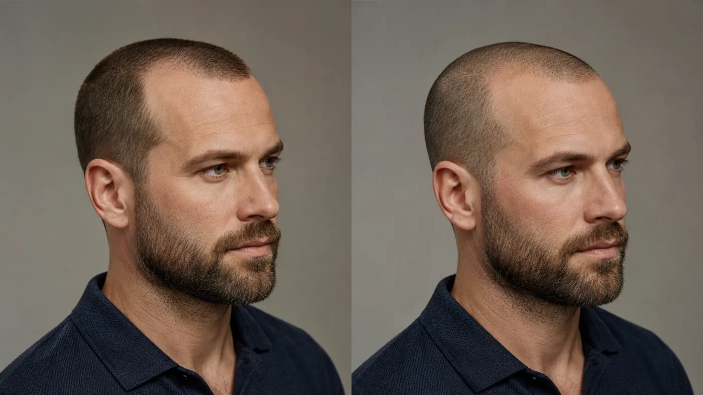 Norwood 5 #1 and #0 buzz cuts compared in matching three-quarter portraits