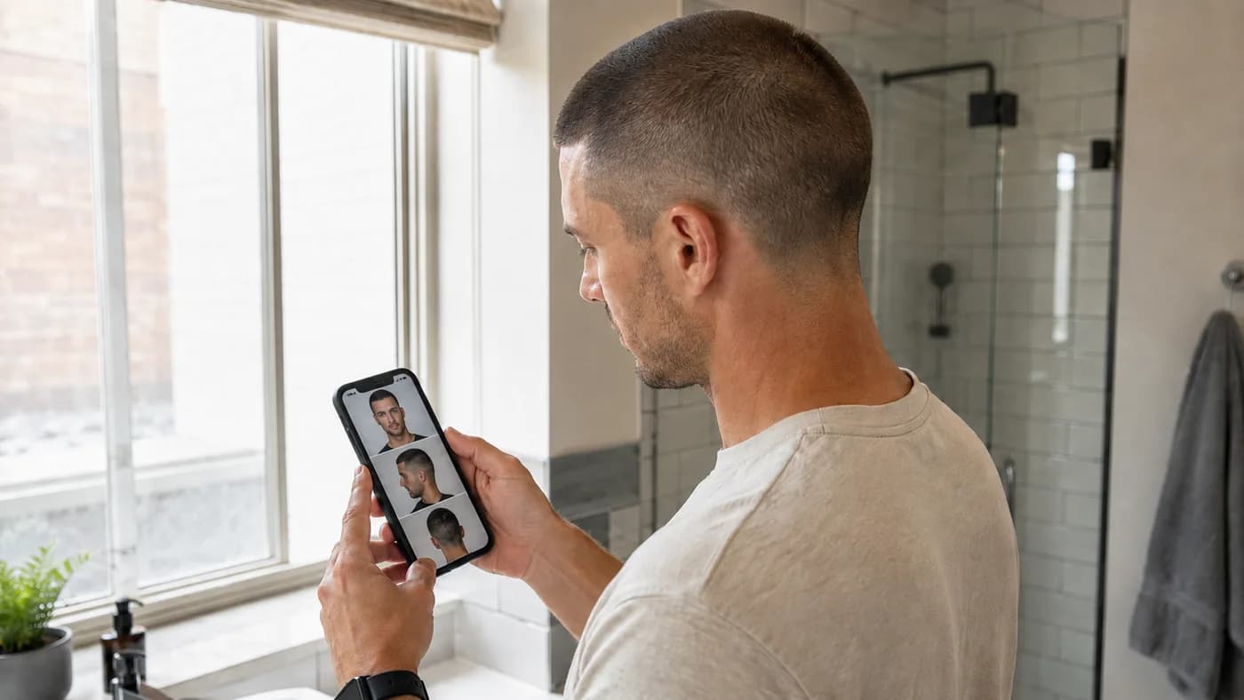 Man using crown, side, and front photos to assess a number 1 buzz cut in natural light.
