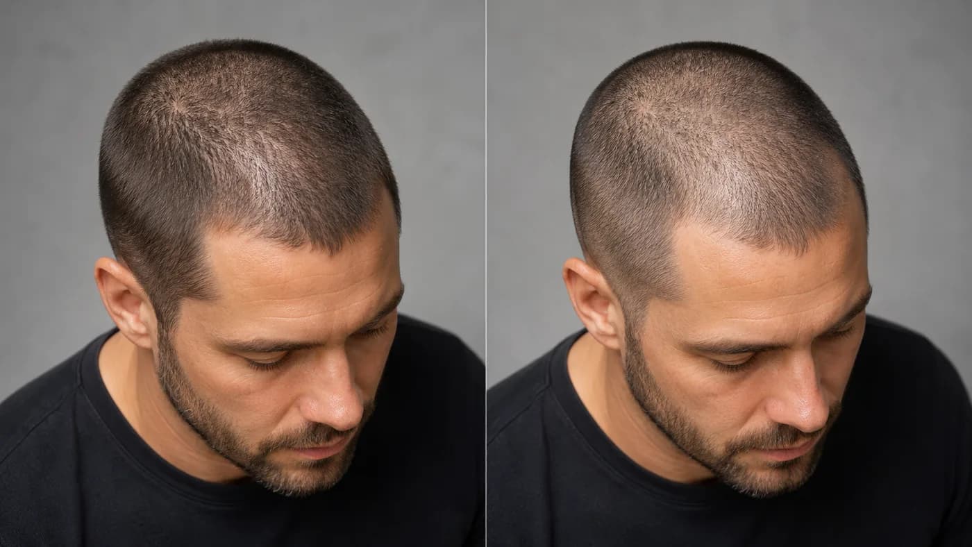 Number 1 and number 2 buzz cuts compared on the same man with mild crown thinning.