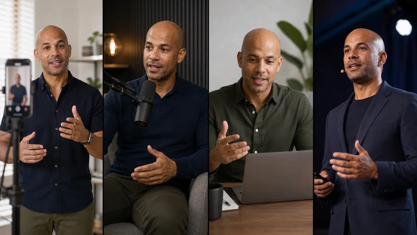 Bald presenter in short-form video, podcast, webinar, and stage presentation settings