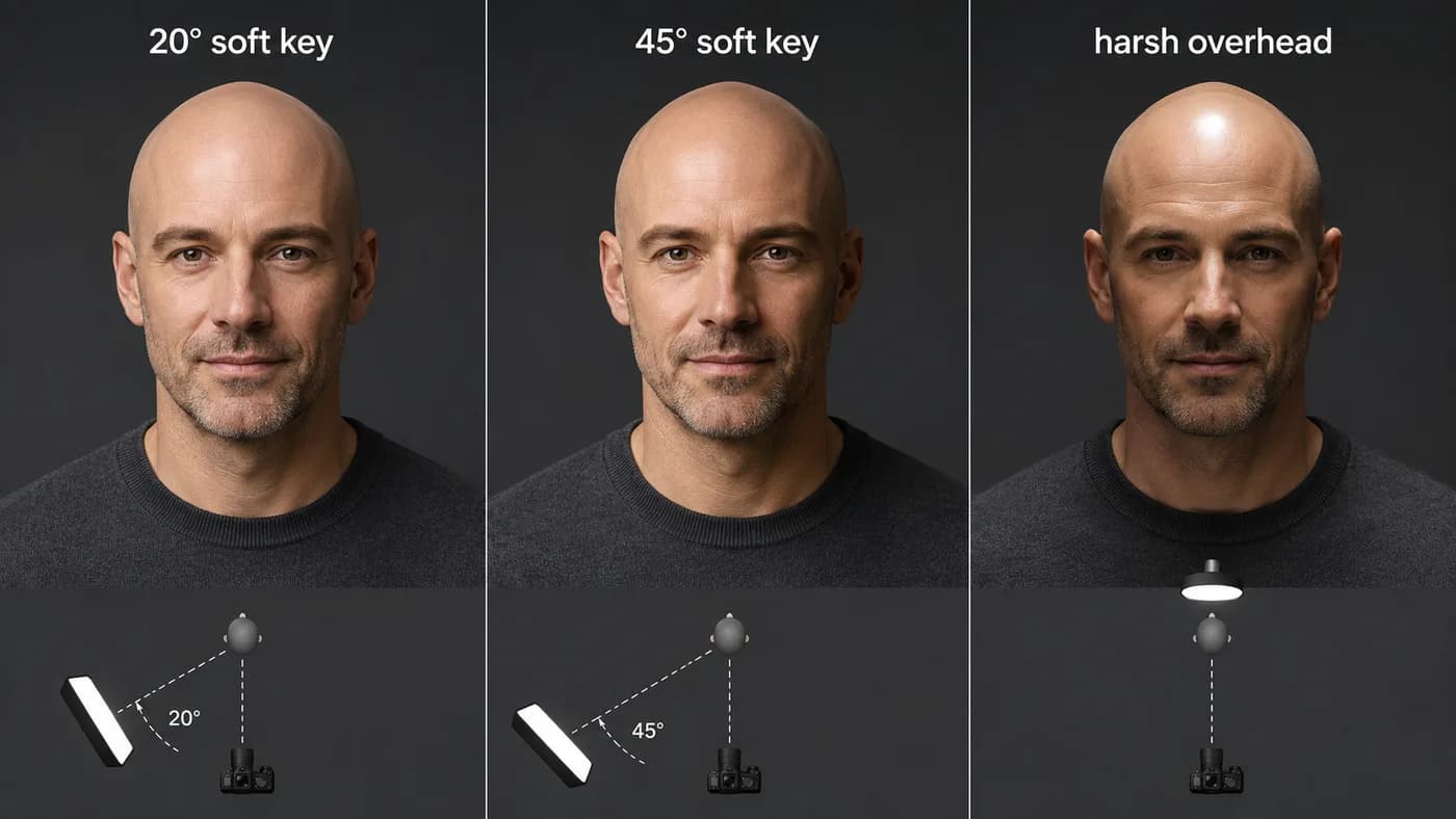 Bald presenter comparison showing 20-degree and 45-degree soft key lighting versus harsh overhead lighting