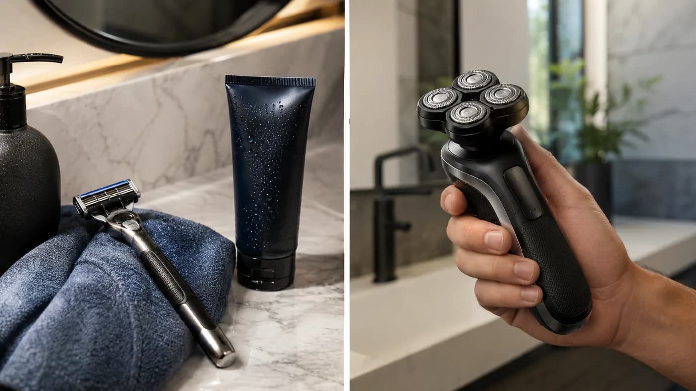 Razor and electric shaver setup side by side for bald head grooming