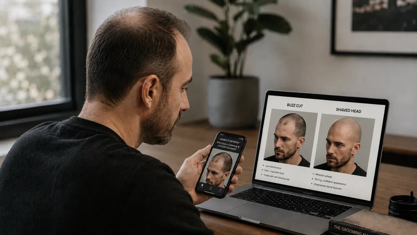 Man reviewing buzz cut versus shaved head options for a receding hairline and crown thinning