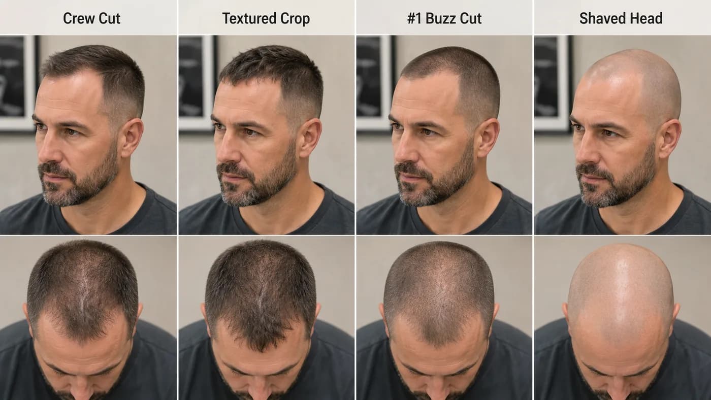 Comparison of haircut options for a receding hairline and crown thinning