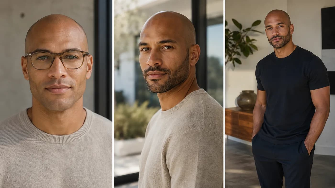 Bald head styled with glasses, neat beard, and a well-fitting outfit in everyday settings