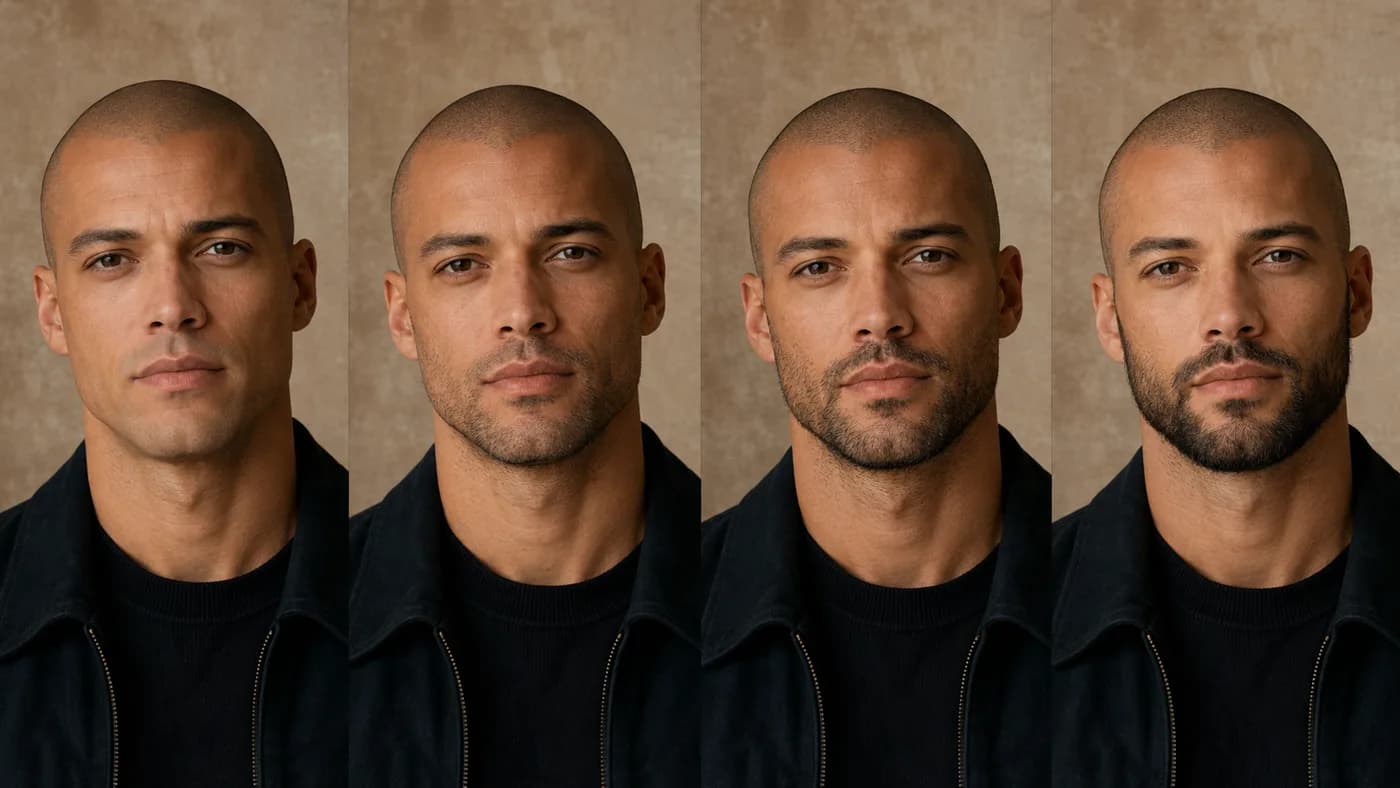 Bald head with clean-shaven, stubble, goatee, and short boxed beard options