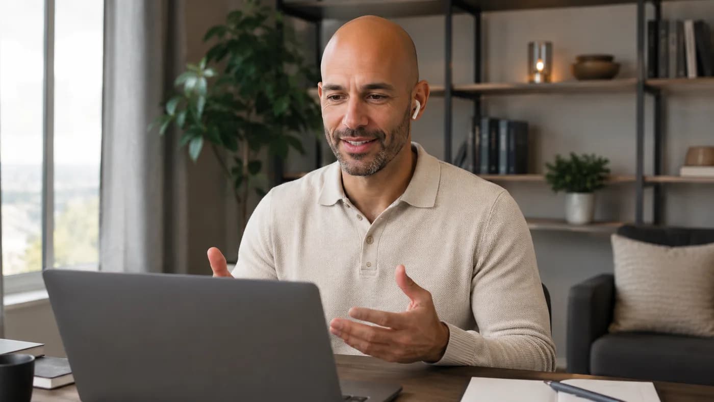 Bald professional on a polished home-office video call setup