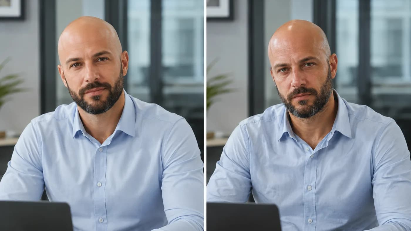 Professional shaved-head grooming comparison in an office setting