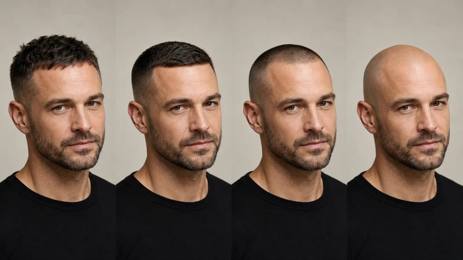 The same man with a receding hairline shown with a textured crop, crew cut, buzz cut, and shaved head for comparison