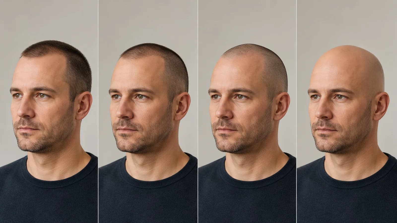 A step-by-step sequence from a number 2 buzz cut to a smooth shaved head