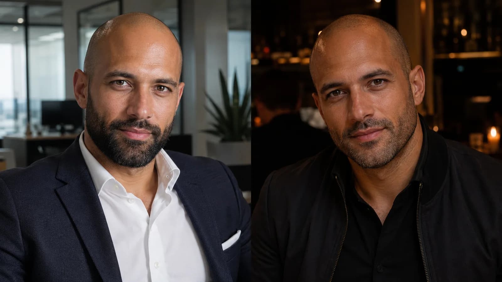 A shaved-head look paired with a professional office outfit and a casual date-night outfit