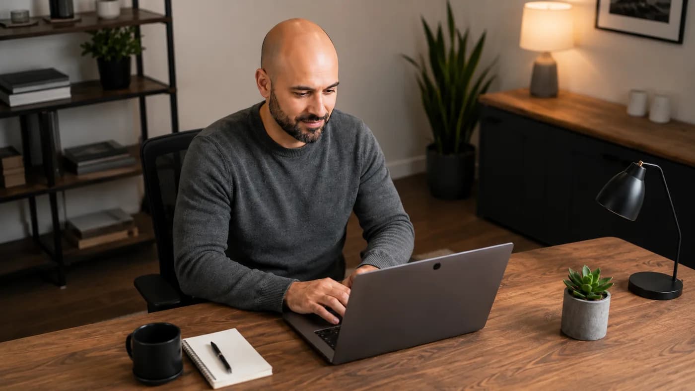 Bald man using a soft key light and eye-level webcam in a tidy home office