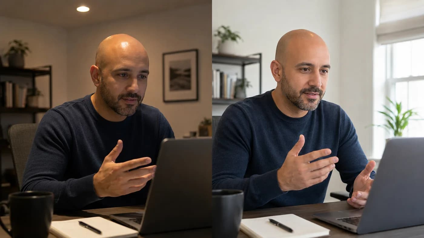 Bald man on a video call under harsh overhead light compared with soft shaded window light